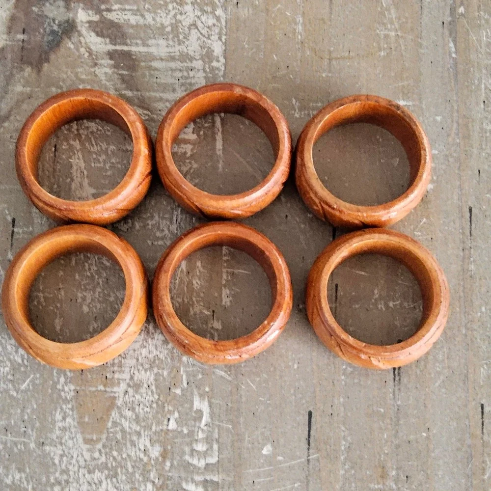 Carved Wood Napkin Rings Set of 6 Brown Handcrafted Boho Table Decor MCM